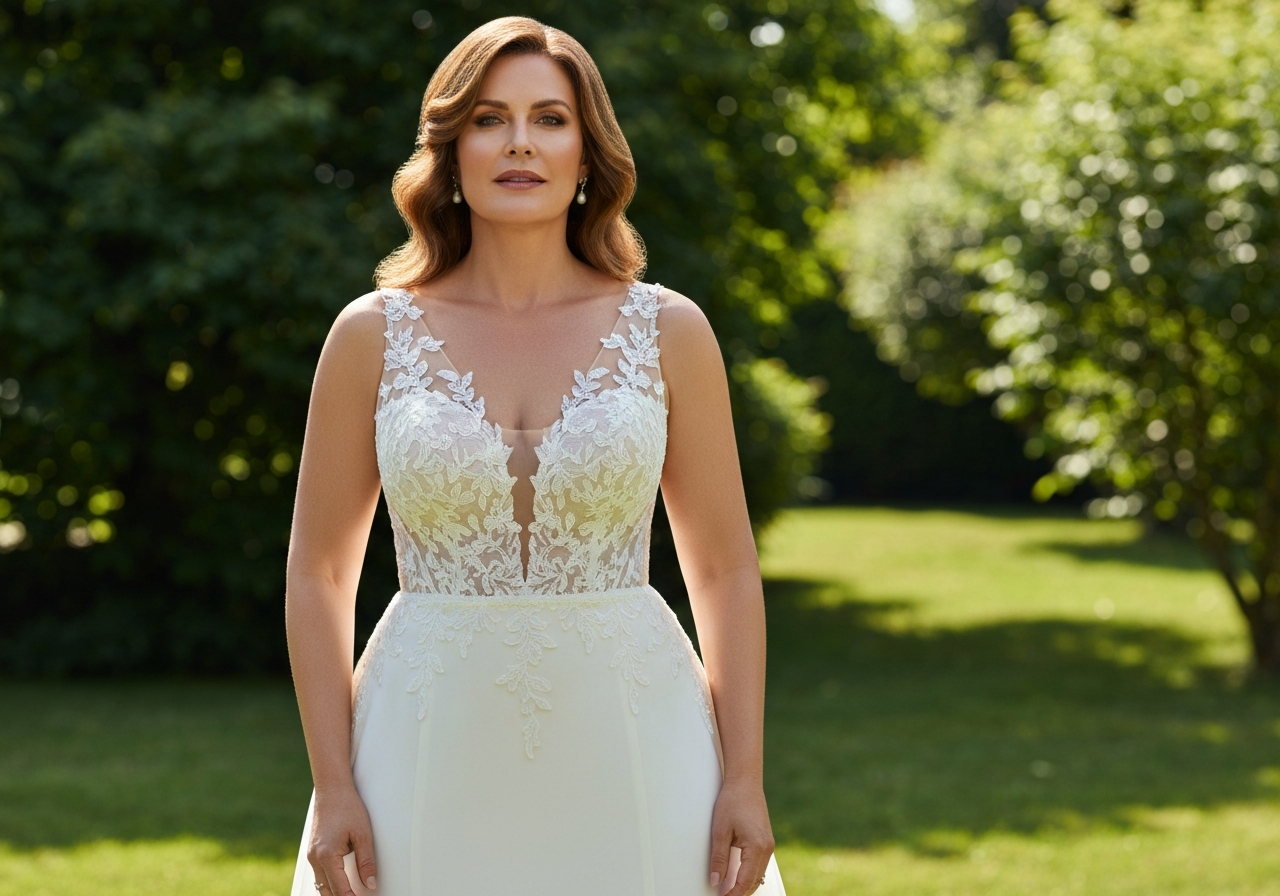 Žena po čtyřicátém roce života pózuje v bílých svatebních šatech