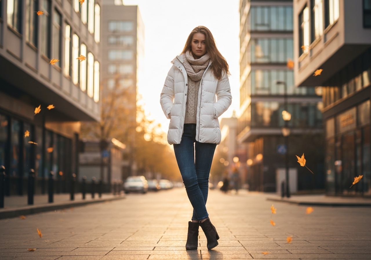 Mladá žena pózuje v péřové bundě