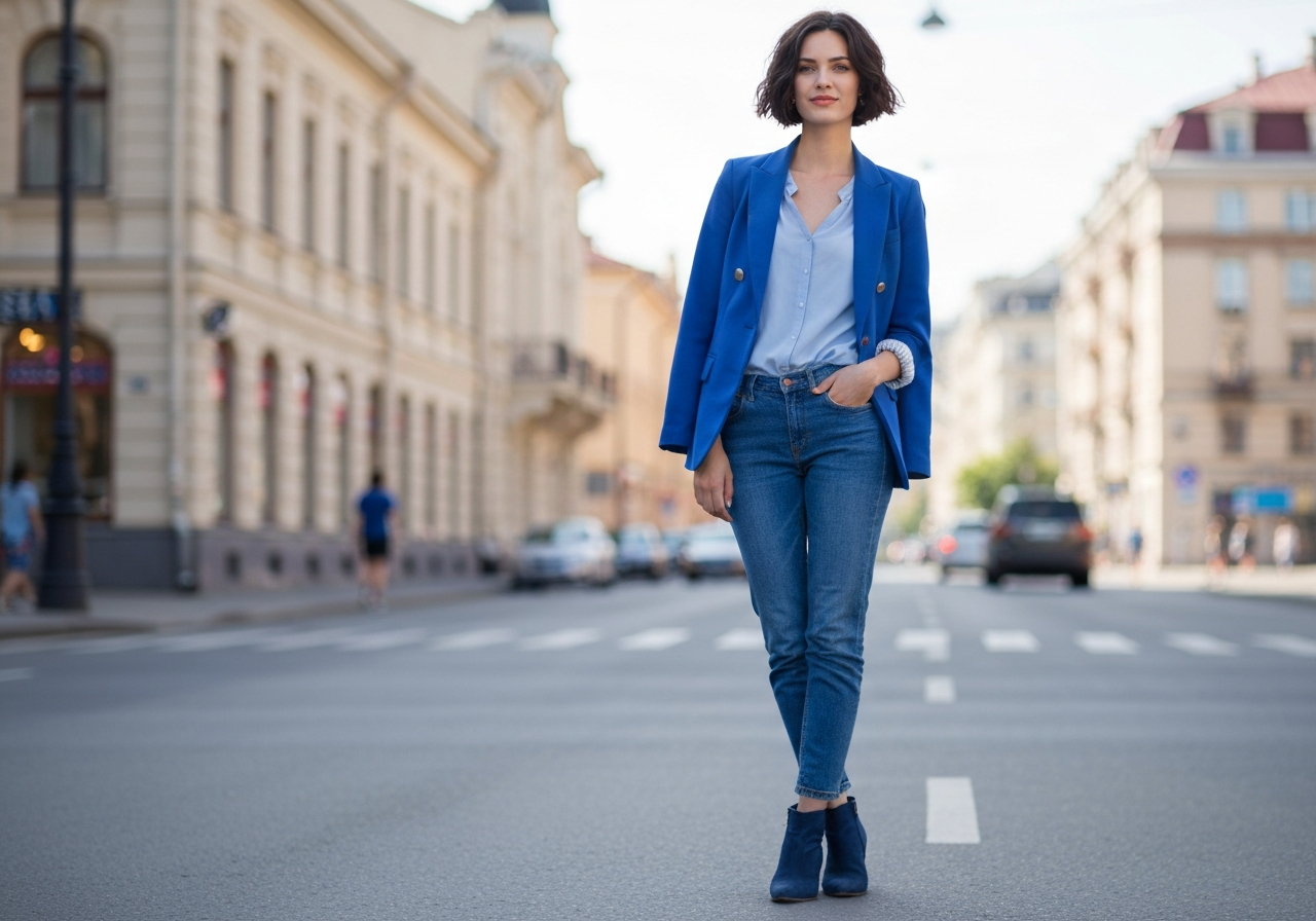 Mladá žena v modré jarní stylizaci